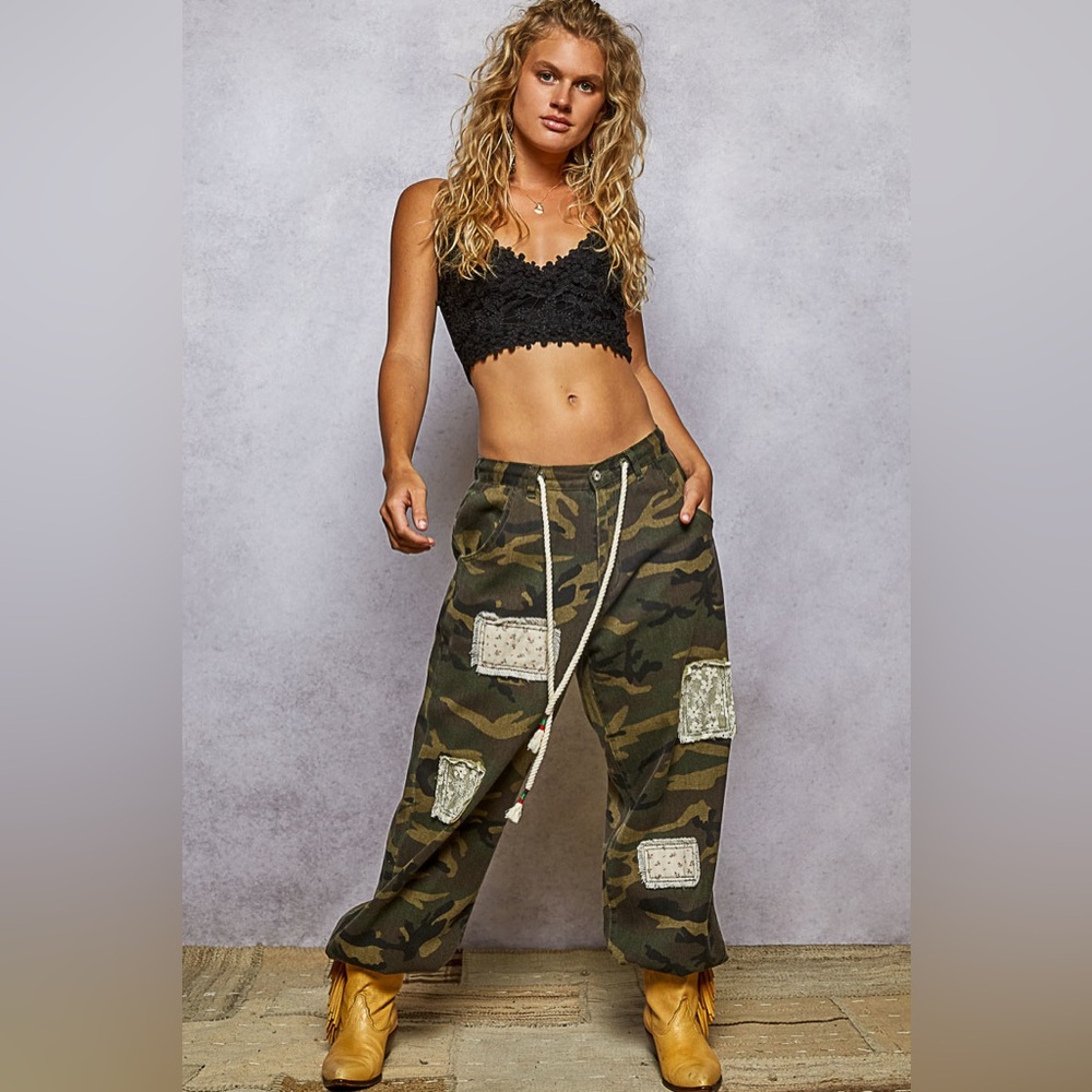 NWT POL Boho Patchwork Relaxed Fit Camo Camouflage Jogger Drawstring Pants - Picture 6 of 10